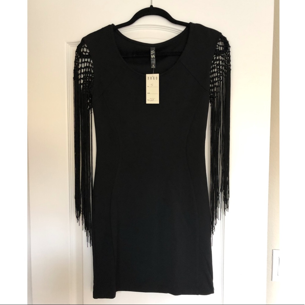 Fun Black Mini Dress With Fringe Sleeves